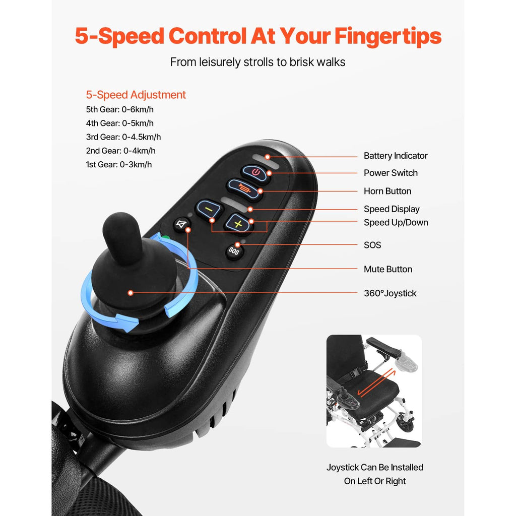 Electric wheelchair joystick control with speed buttons and indicator lights