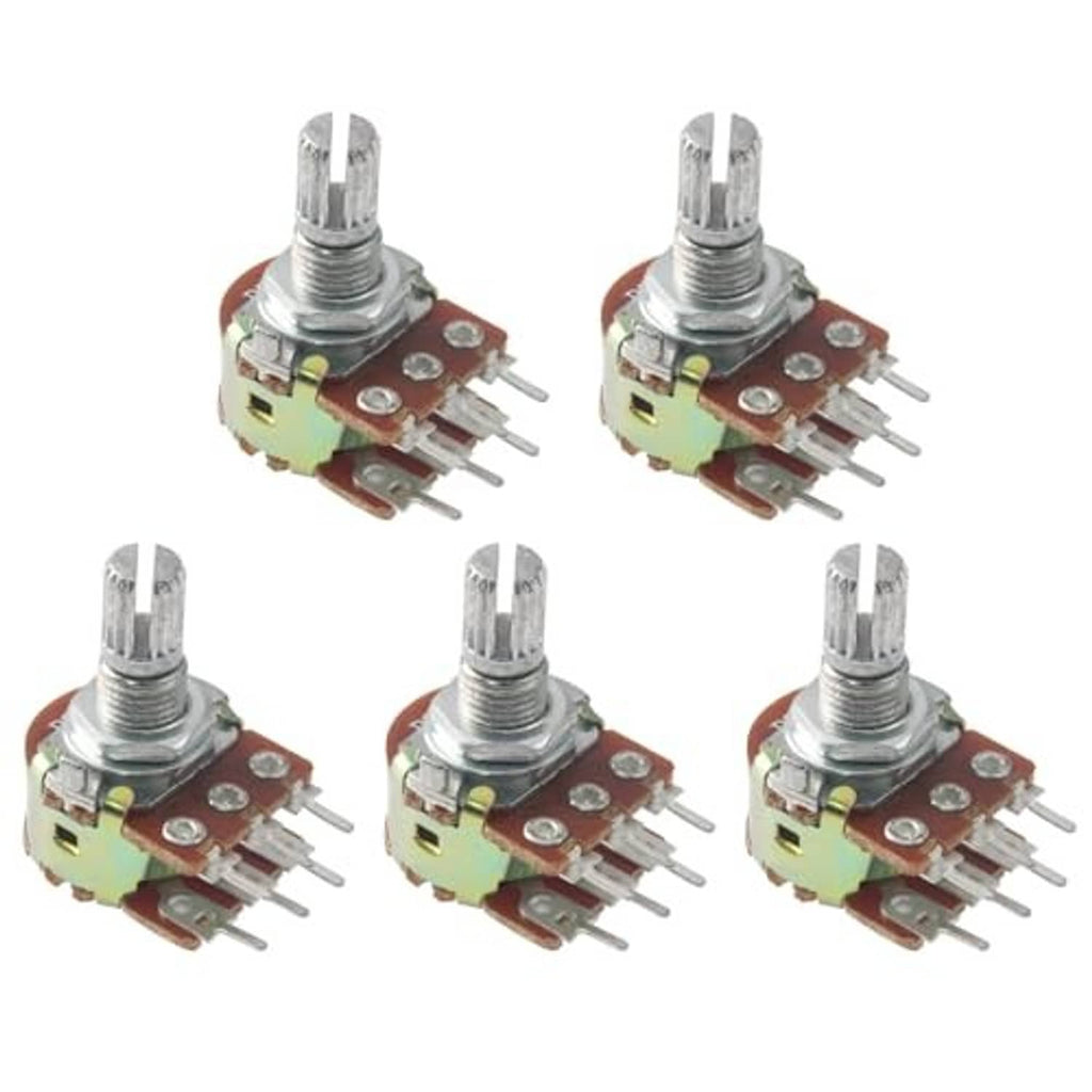 Set of five dual 50K 6-pin potentiometers, metal shafts and 5-leg PCB pins