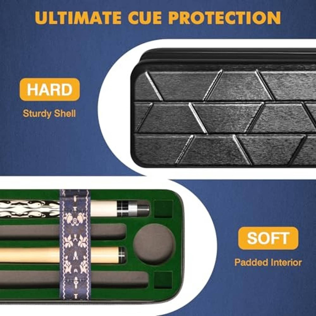 Black hard shell pool cue case close-up of textured shell and padded interior