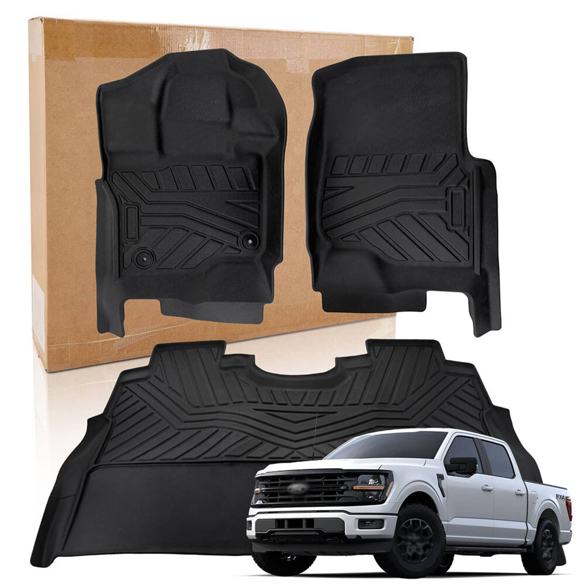 Black waterproof front floor mat set with raised channels and molded edges