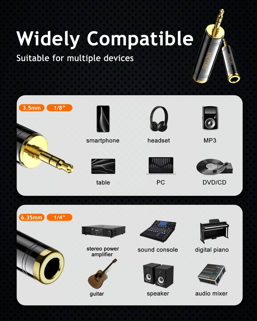 Stereo audio adapter with 3.5mm to 1/4in connections, black barrels and gold-plated connectors