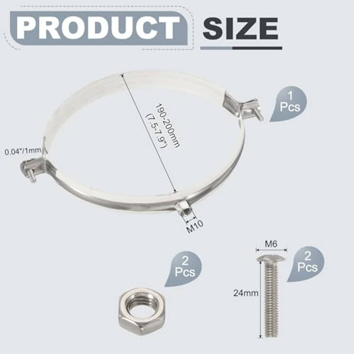 Stainless steel split-ring pipe hanger with included screws, nuts, and washers.