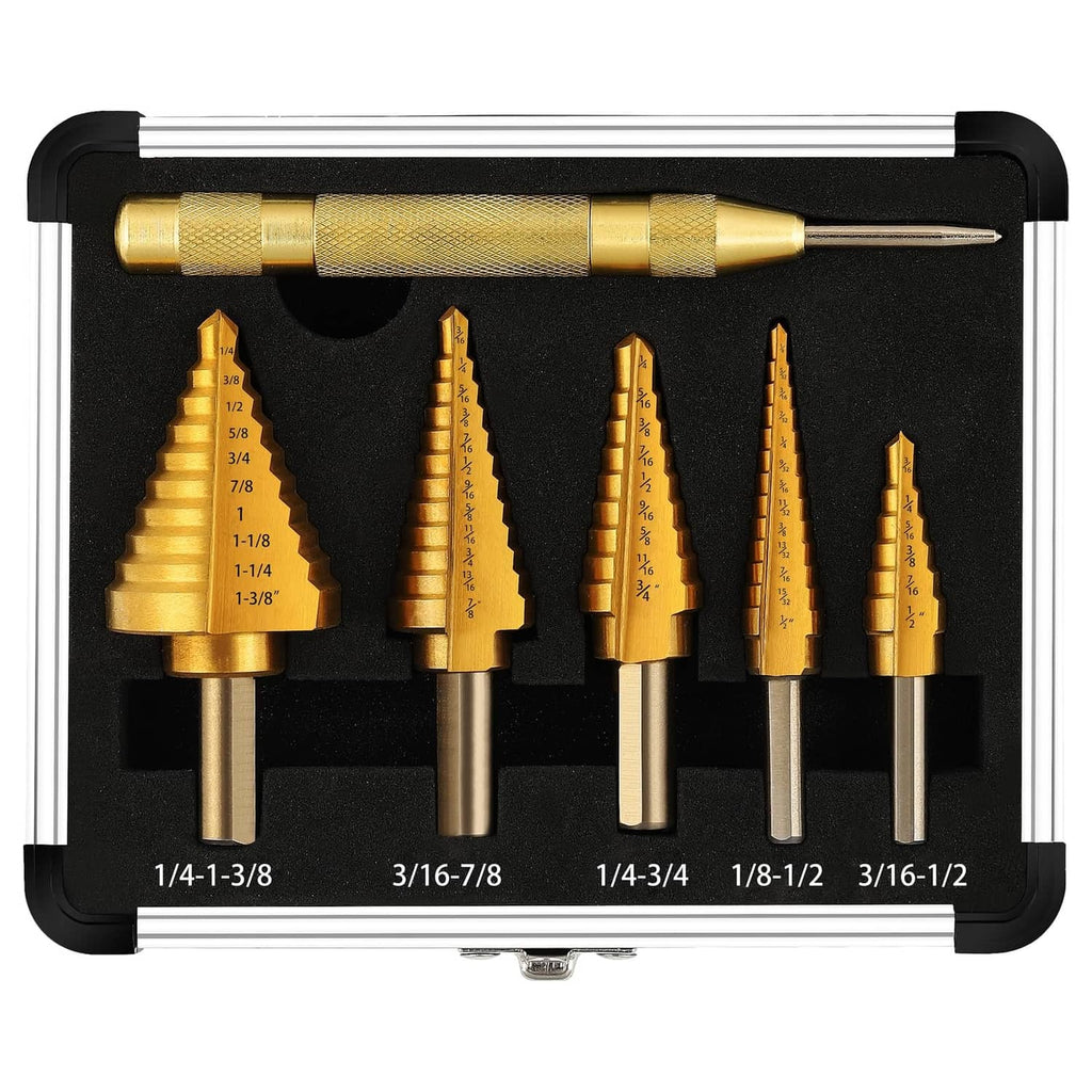 Gold titanium step drill bit set in black storage case with five stepped bits