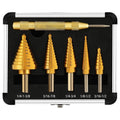 Gold titanium step drill bit set in black storage case with five stepped bits