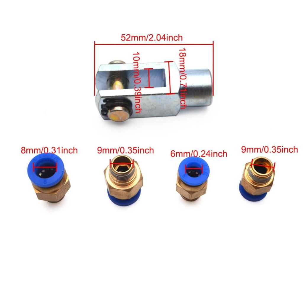 Cylinder end block with port fittings, blue push-in and brass fittings arranged for sizing.