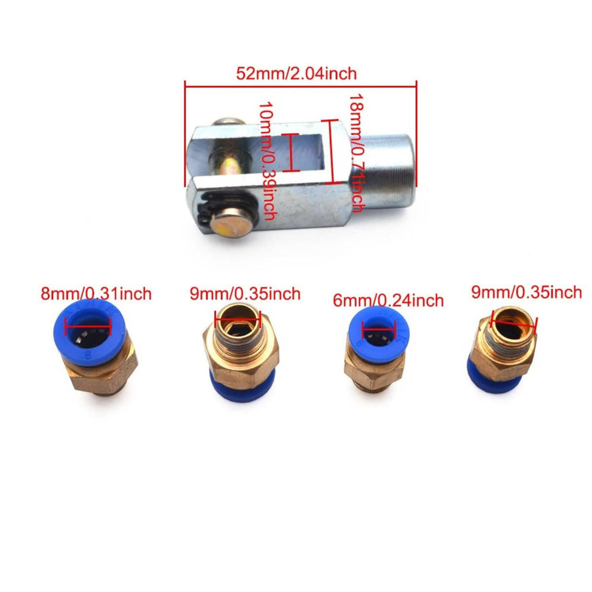 Cylinder end block with port fittings, blue push-in and brass fittings arranged for sizing.