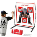 Baseball pitching target net with three red pockets and a catcher figure