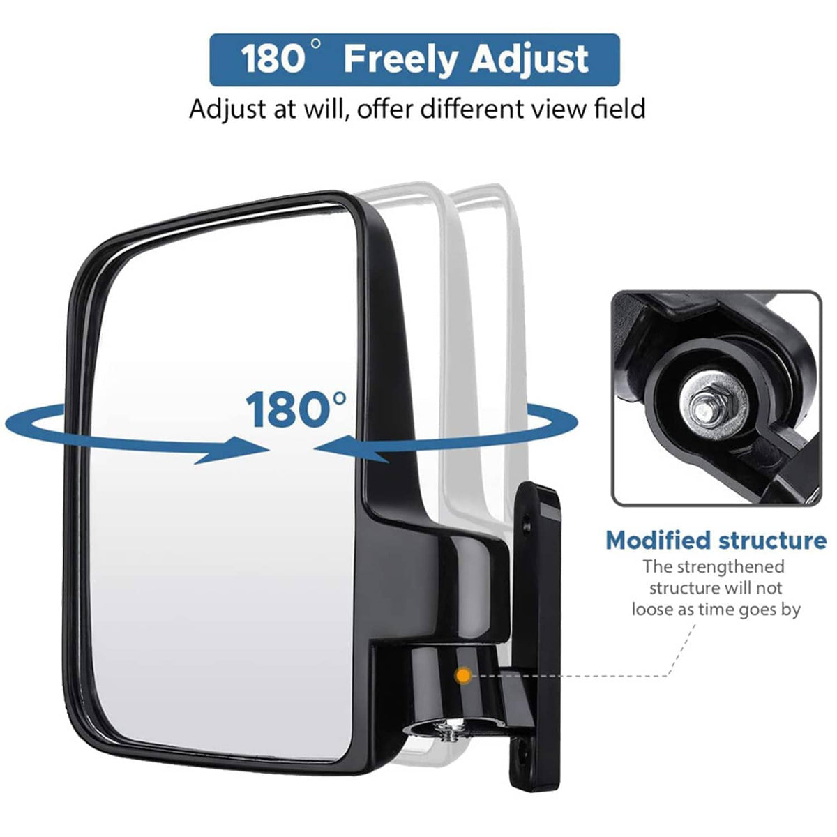Adjustable 180-degree golf cart side mirror with mounting joint and mirror glass