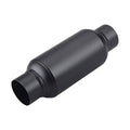 Black 2.5 in inlet/outlet muffler with smooth cylindrical body, short outlet end.
