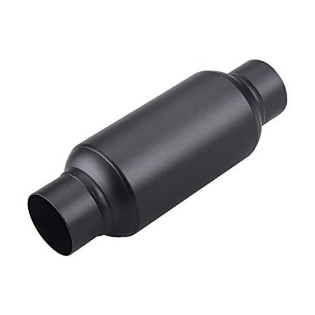 Black 2.5 in inlet/outlet muffler with smooth cylindrical body, short outlet end.