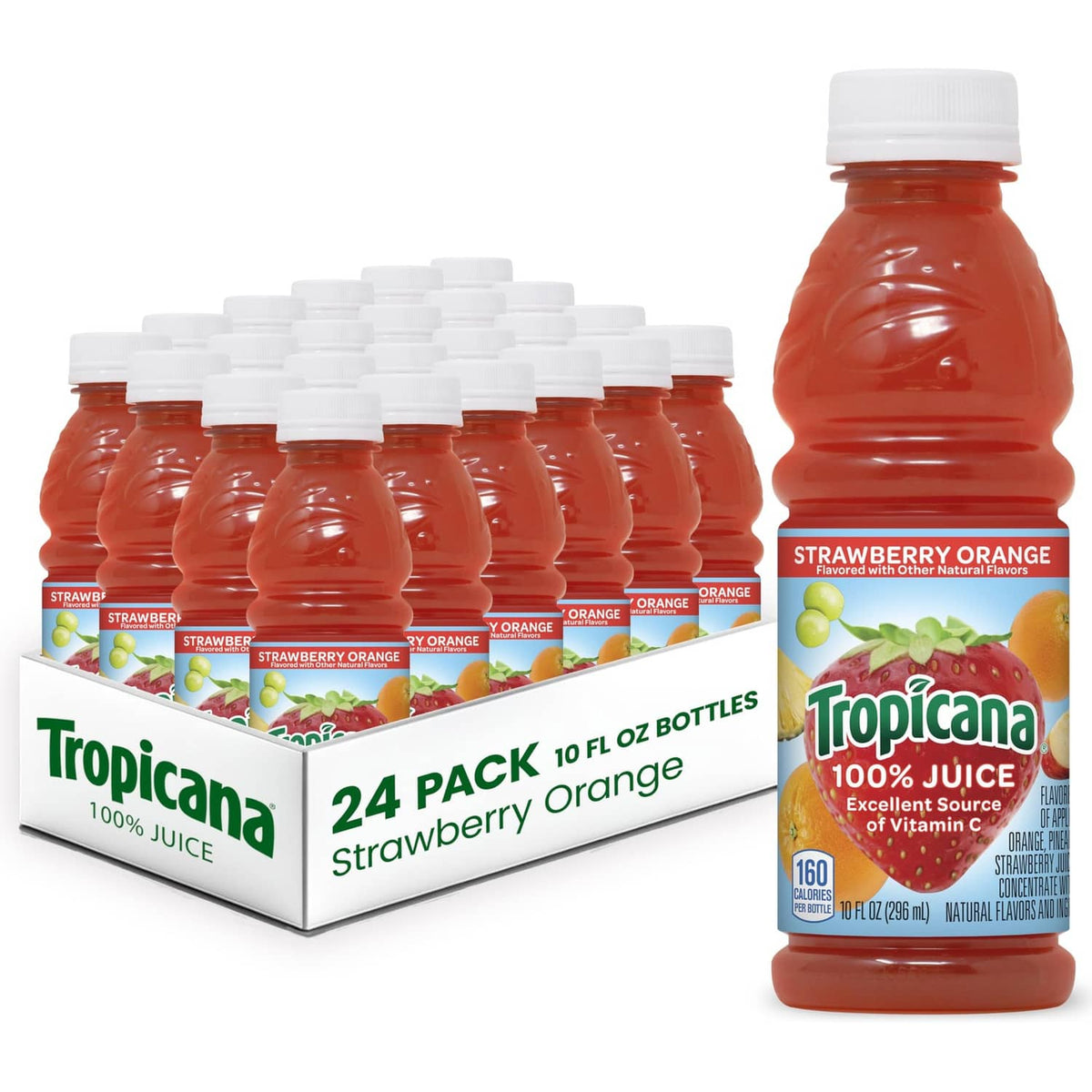 Tropicana Strawberry Orange 10 fl oz juice bottle, 24-pack carton with bottles