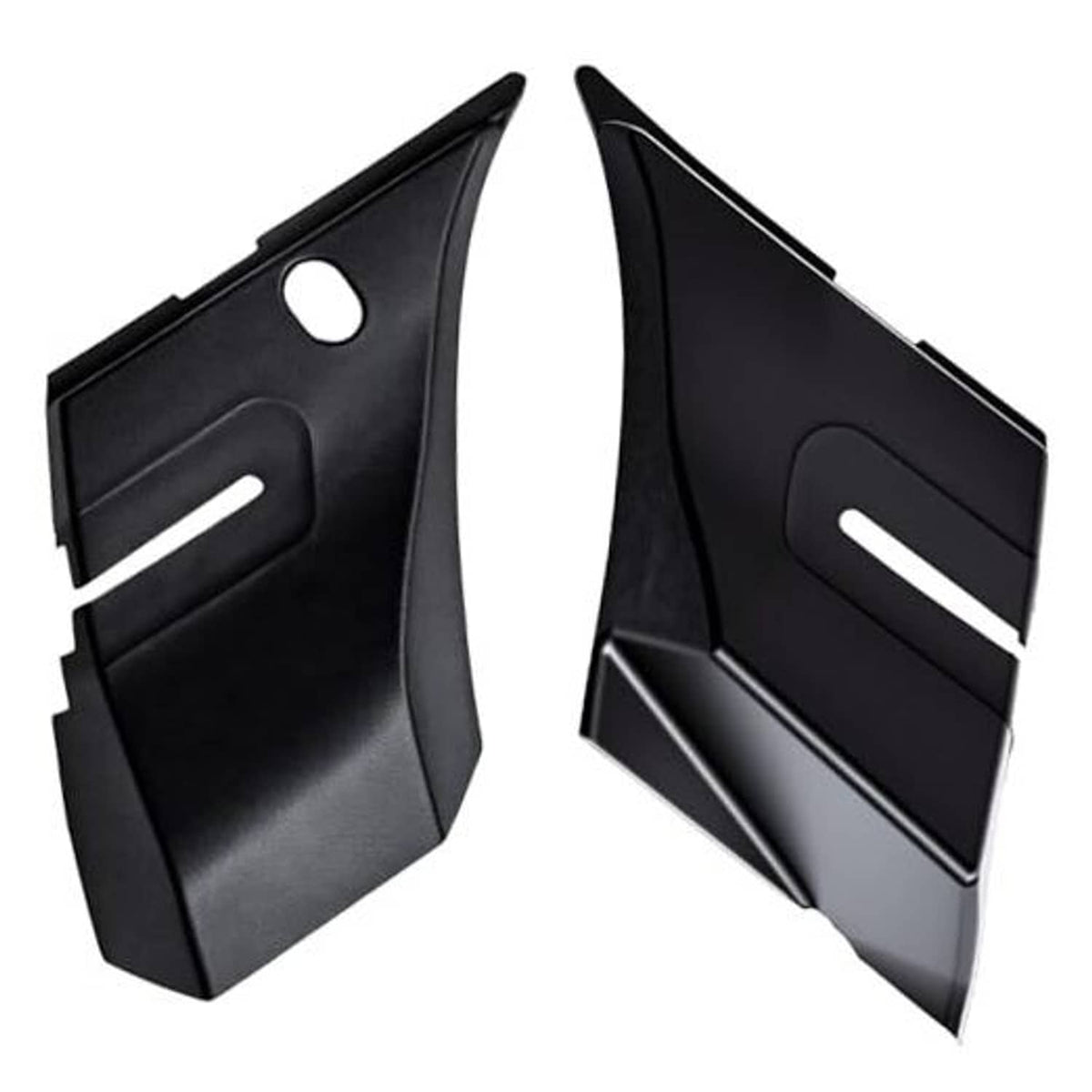 Pair of black plastic windshield wiper cowl end panels, left and right pieces