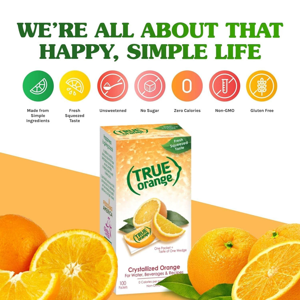 True Orange water enhancer carton with happy life icons and product front