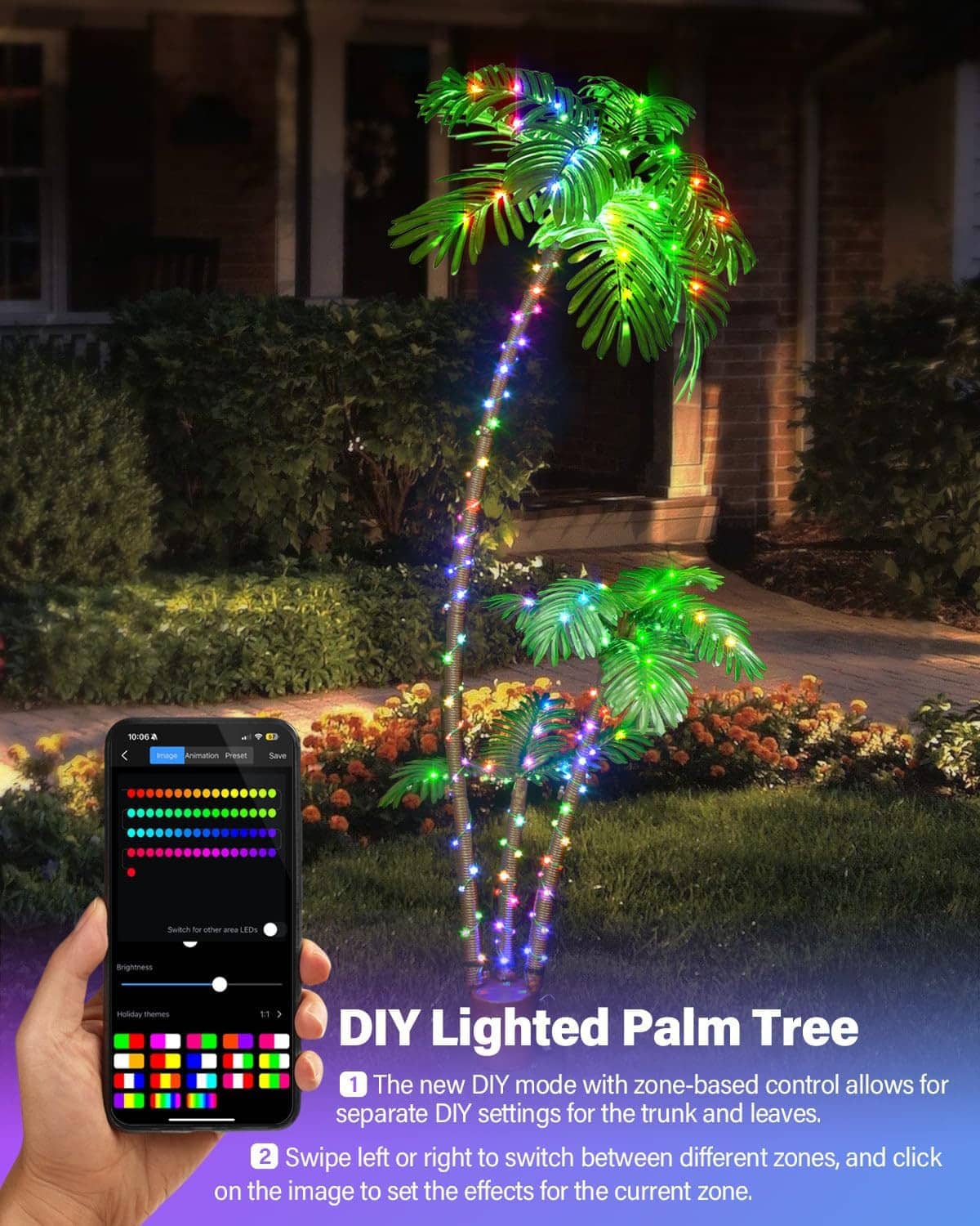 DIY RGB lighted palm tree with app phone in hand showing color controls
