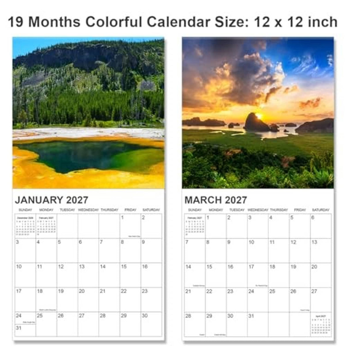 National Parks wall calendar with January 2027 and March 2027 pages, scenic photo panels.
