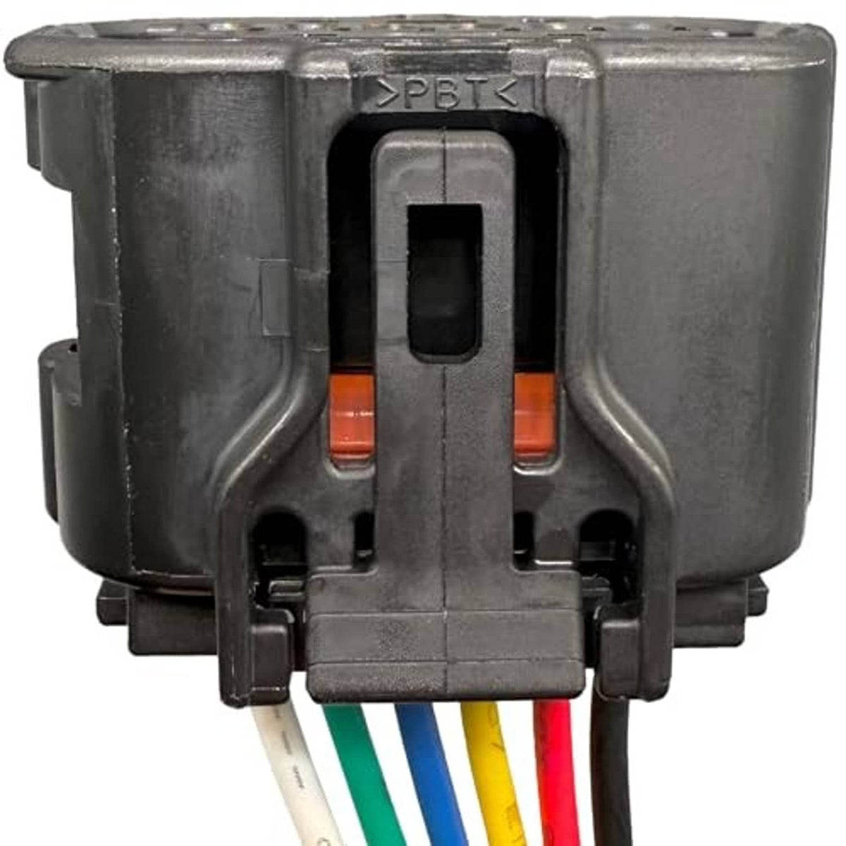 Front view of black 6-pin connector with six terminal contacts and wire leads attached