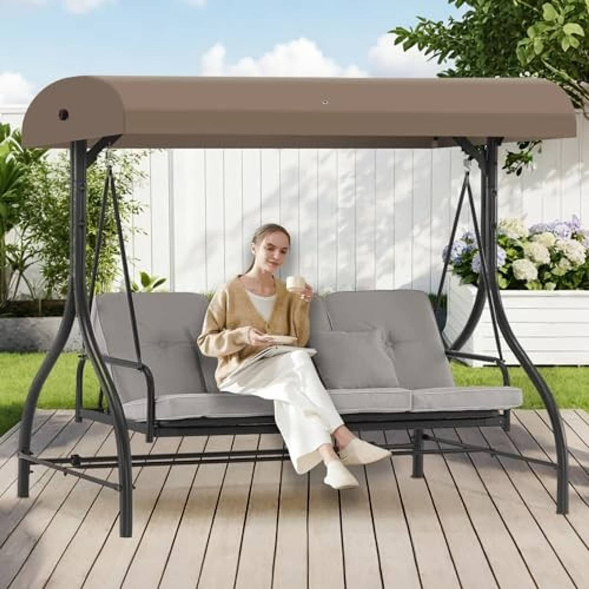 Beige porch swing replacement canopy top mounted overhead with curved valance