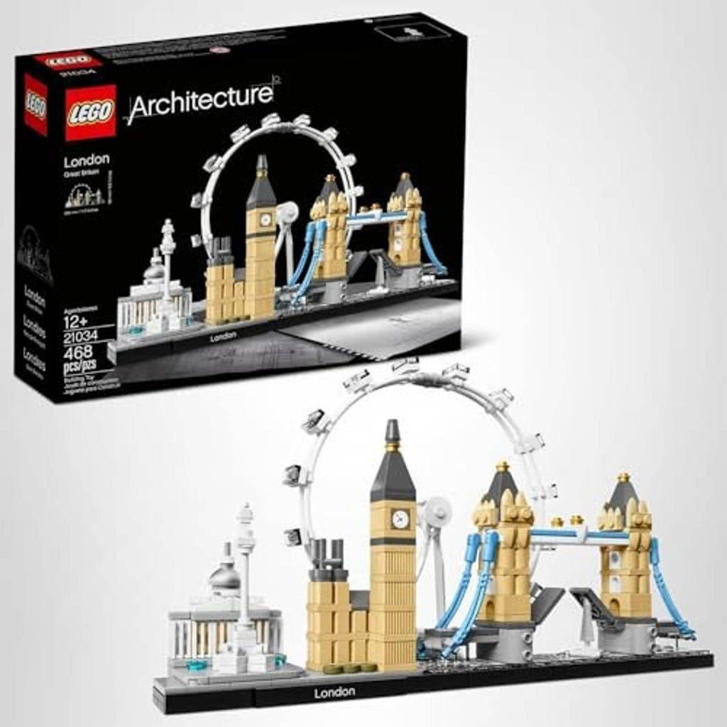 LEGO Architecture London skyline set box with assembled multicolor tower model and curved arch rails