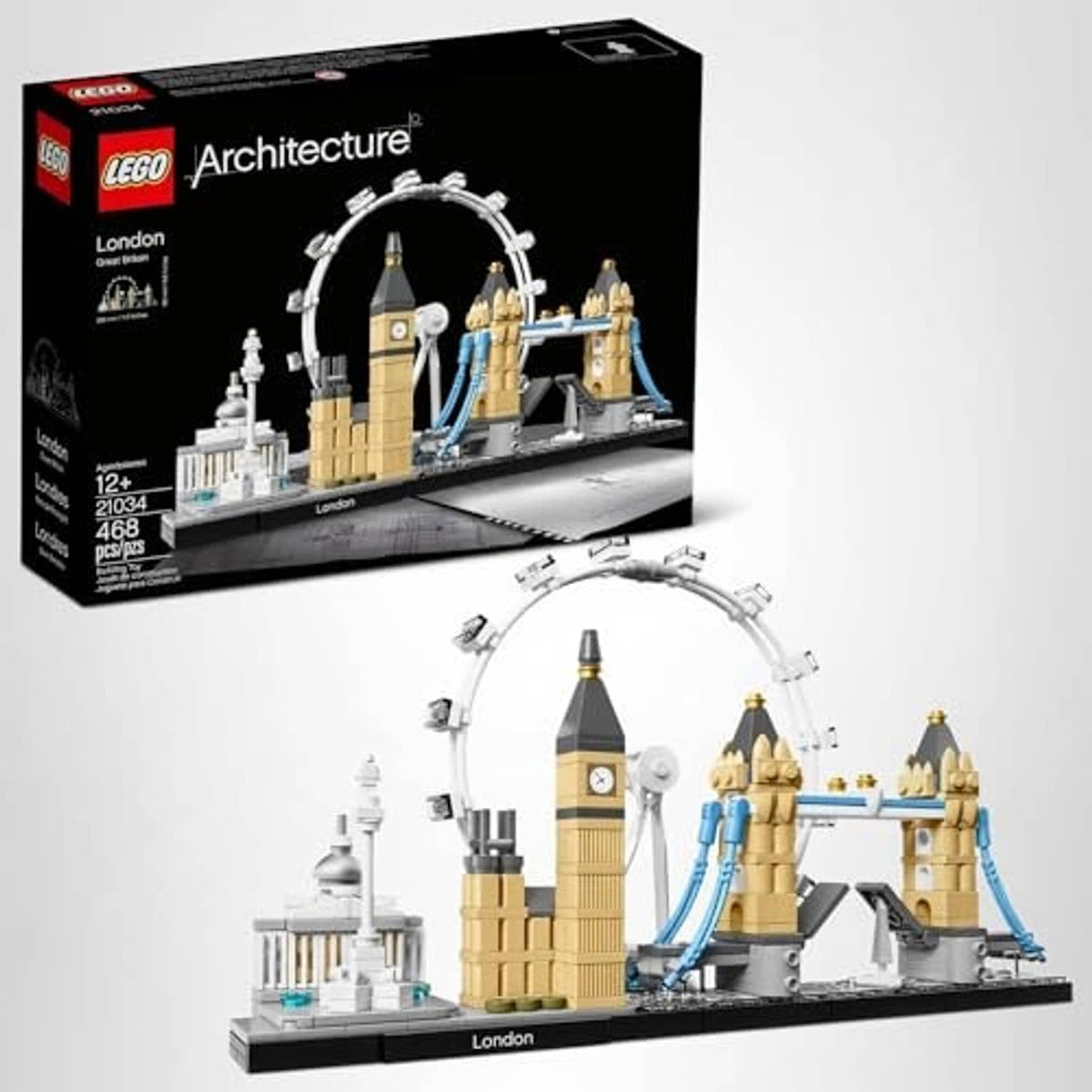 LEGO Architecture London skyline set box with assembled multicolor tower model and curved arch rails