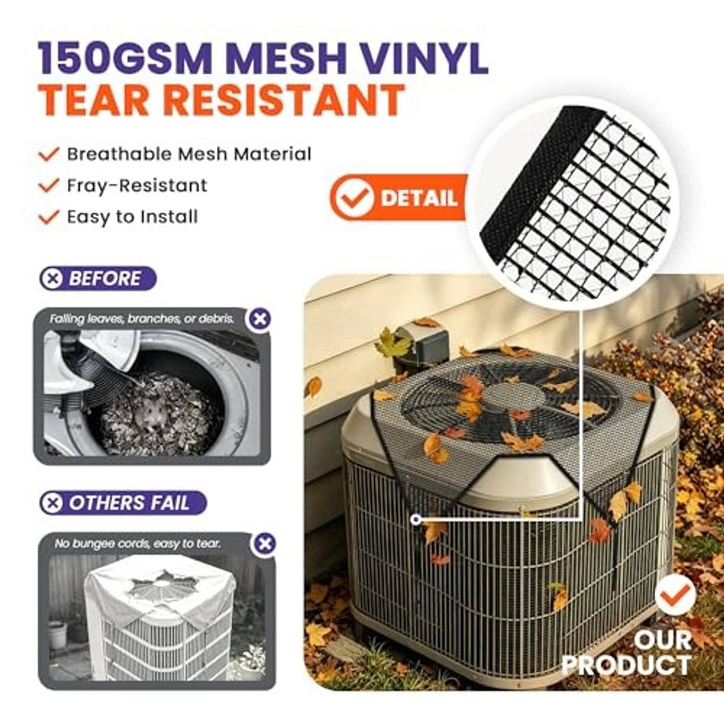 Black air conditioner cover with textured mesh vinyl panels, tear-resistant protection