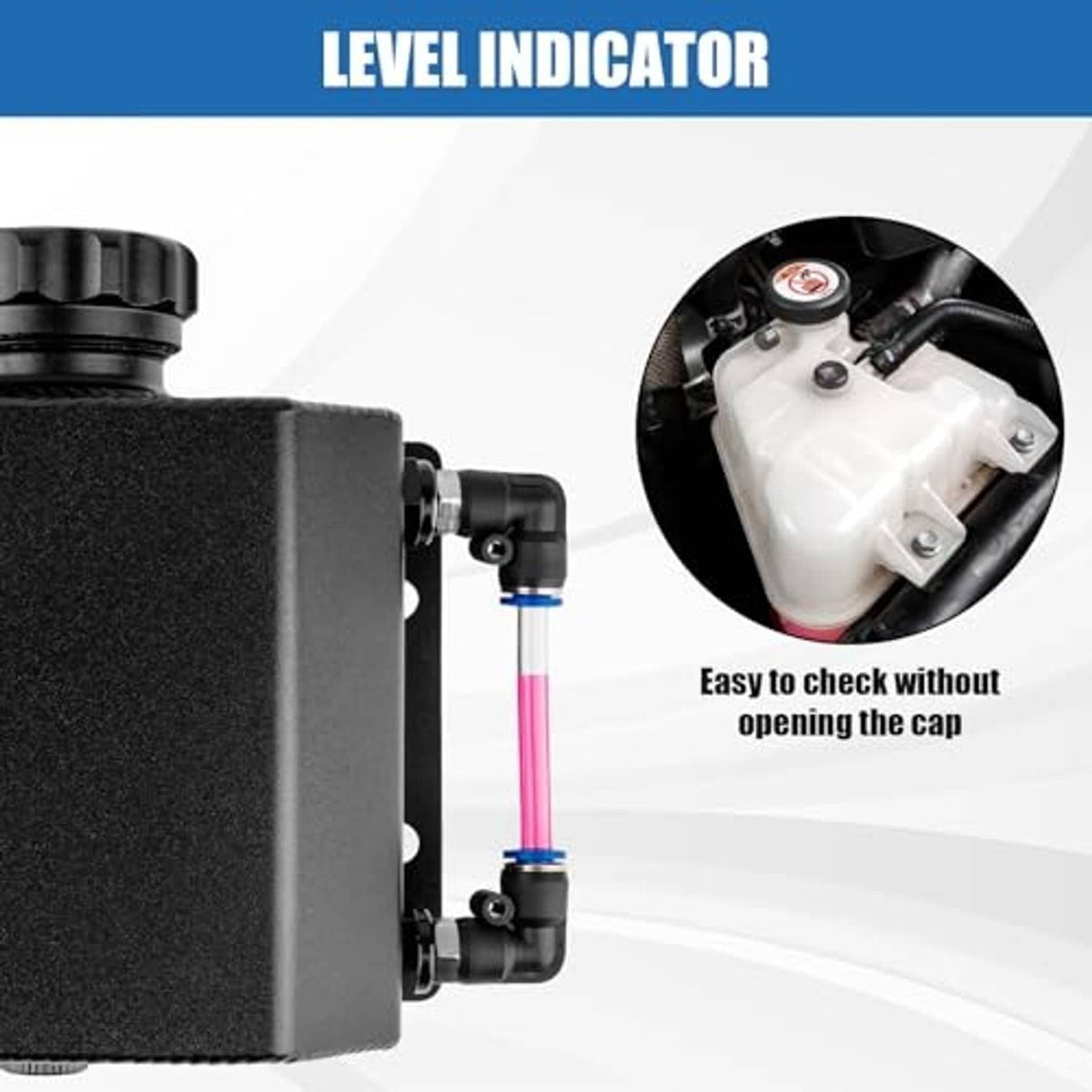 Black coolant overflow tank with level indicator and small hose connections