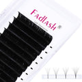Black lash extension strip with multiple C-curl self-fanning rows on a clear tray