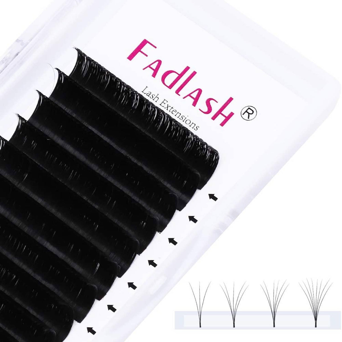 Black lash extension strip with multiple C-curl self-fanning rows on a clear tray