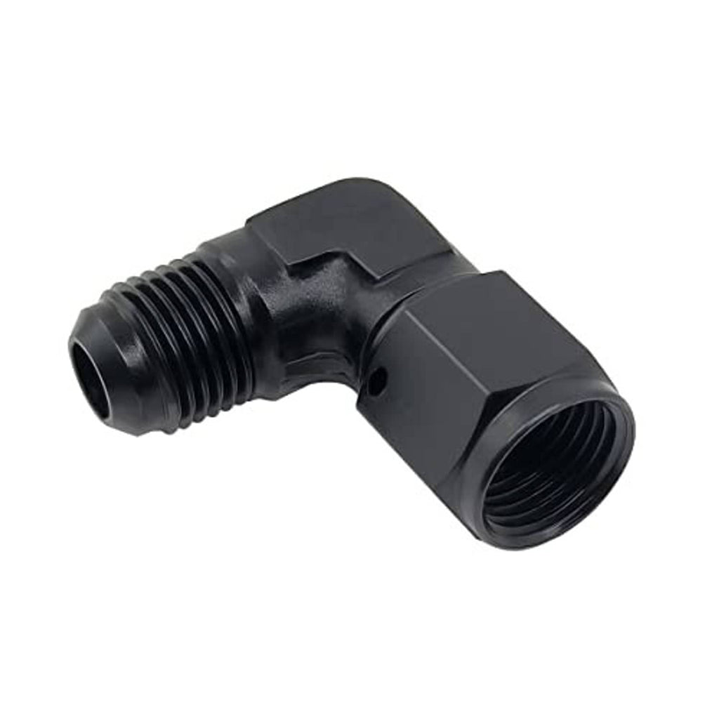 Black 90-degree AN flare fitting adapter, male thread on one end and port on other