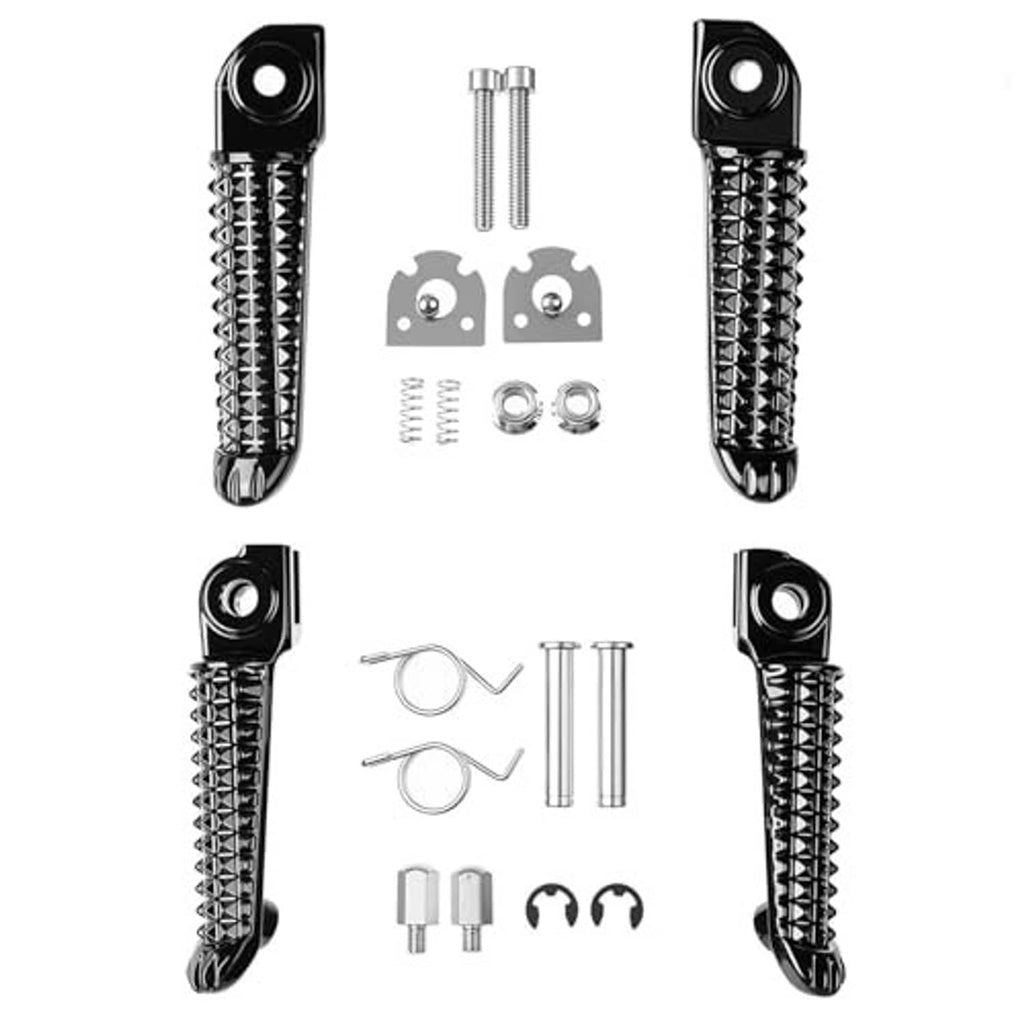 Front passenger foot pegs set, black anti-slip diamond texture with brackets, springs, bolts