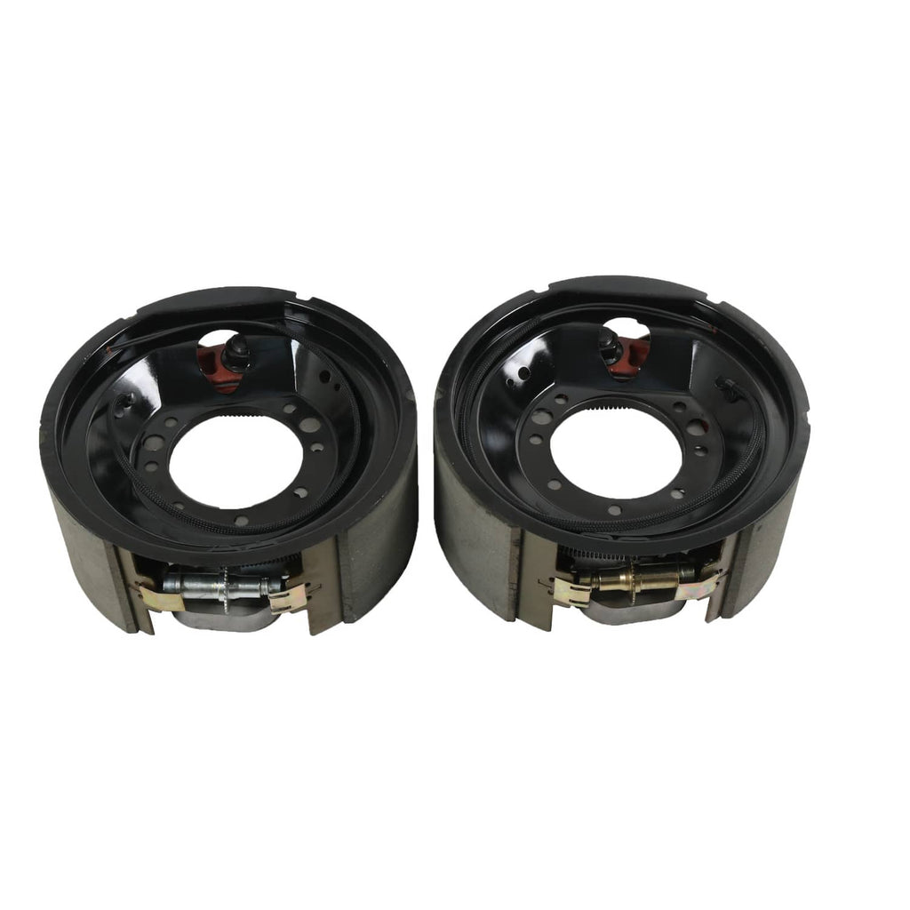 Electric trailer brake backing plates, two black wheel brake assemblies with mounting flange