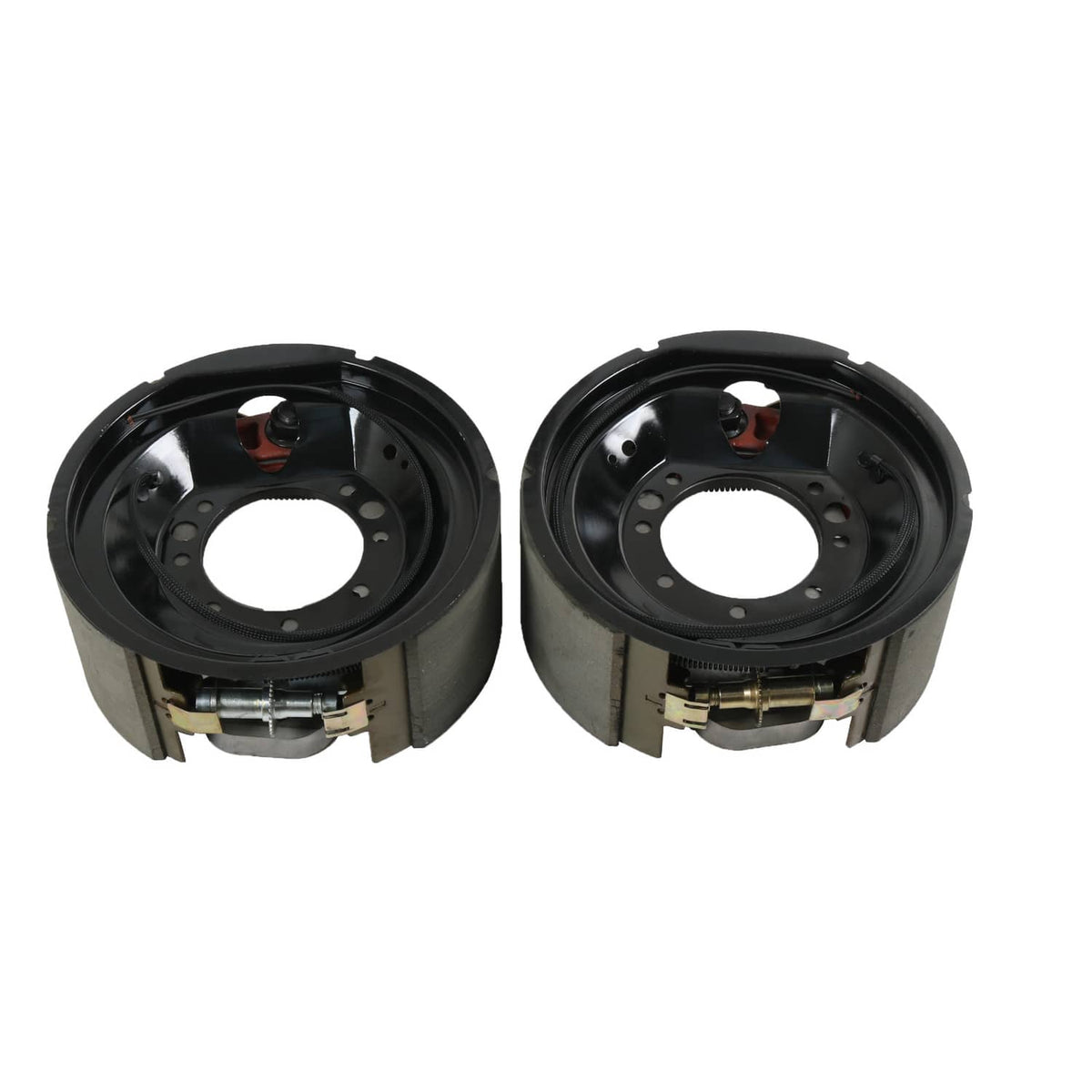 Electric trailer brake backing plates, two black wheel brake assemblies with mounting flange
