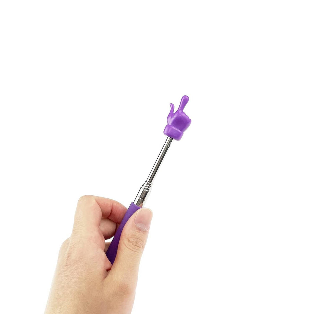 Purple telescopic finger pointer held in hand with finger-shaped top