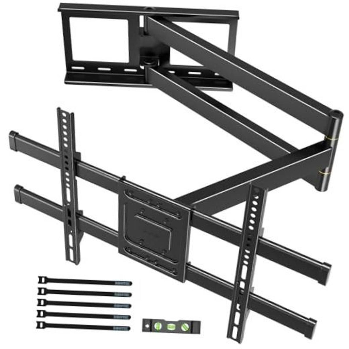 Corner TV wall mount with long black extension arms and mounting bracket