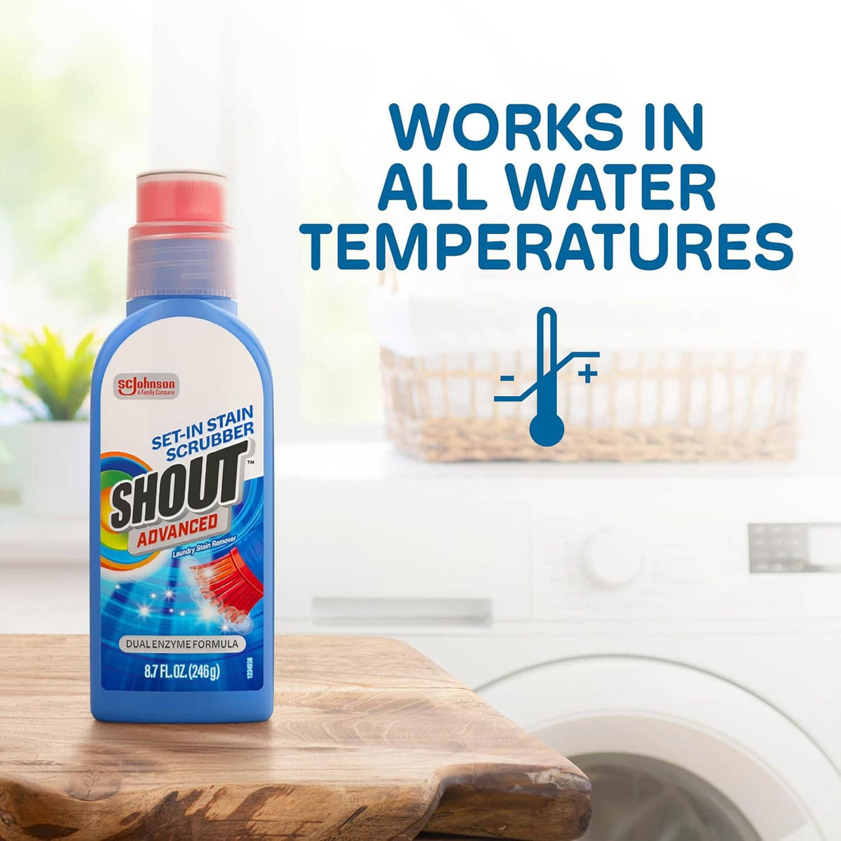 Shout Advanced stain remover gel bottle on a wood surface near a washing machine.