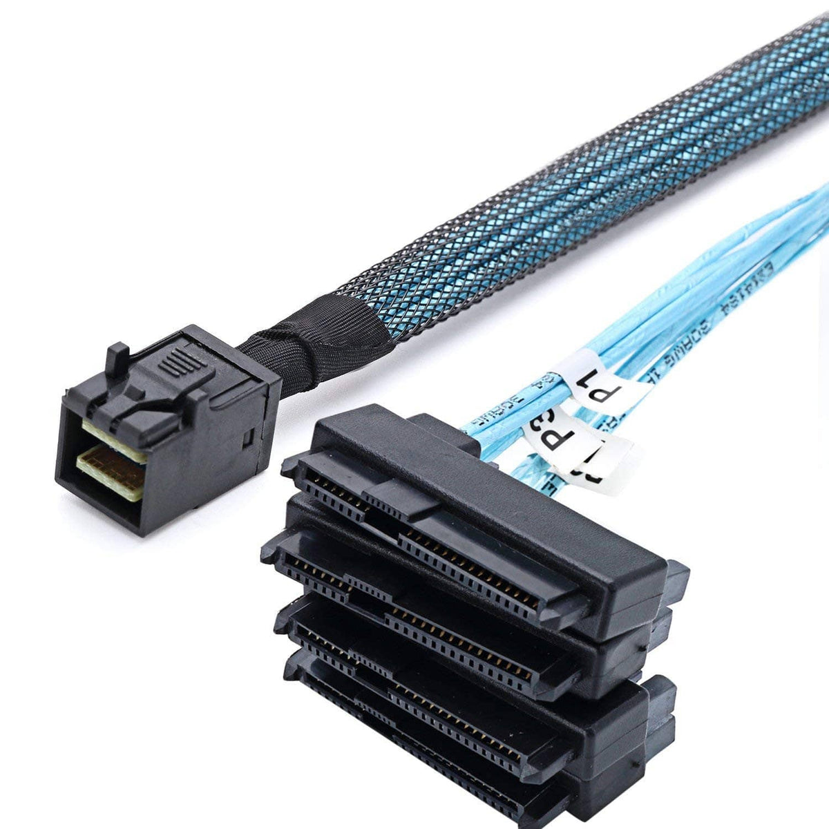 Internal mini SAS HD connector ends with blue braided cable and black 29-pin plugs