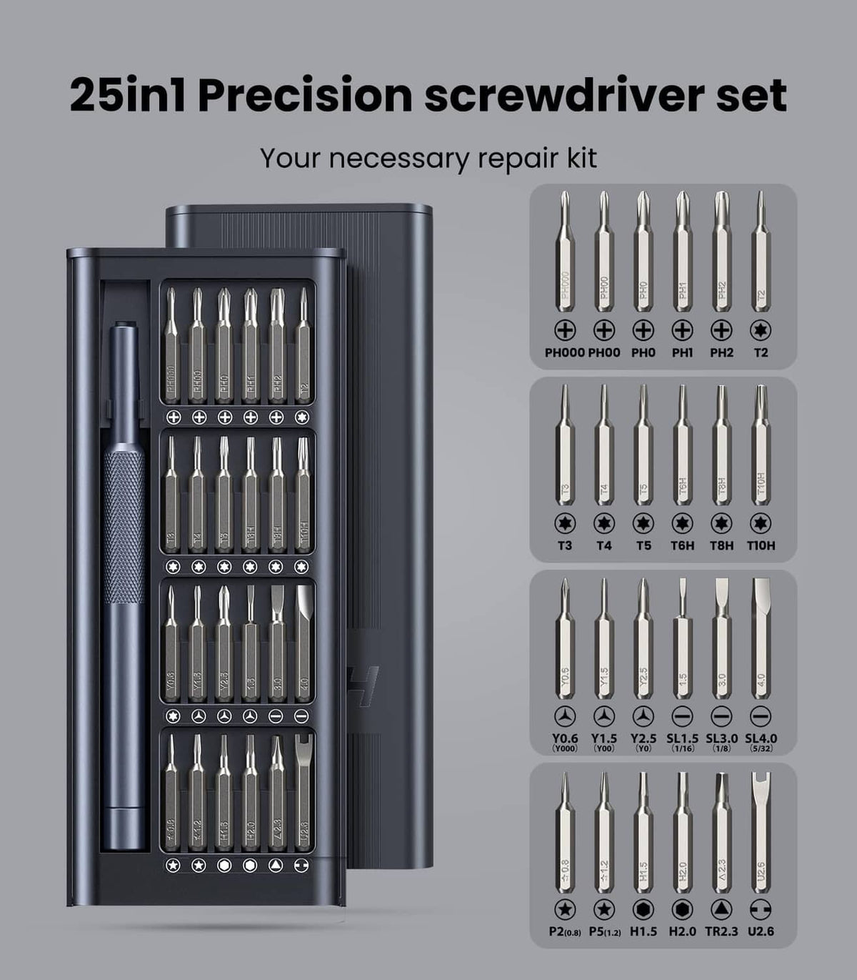 Precision screwdriver set with open black case and organized bit assortment, black