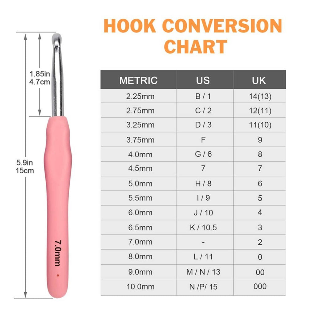 Pink crochet hook with hook conversion chart showing metric and US/UK sizes