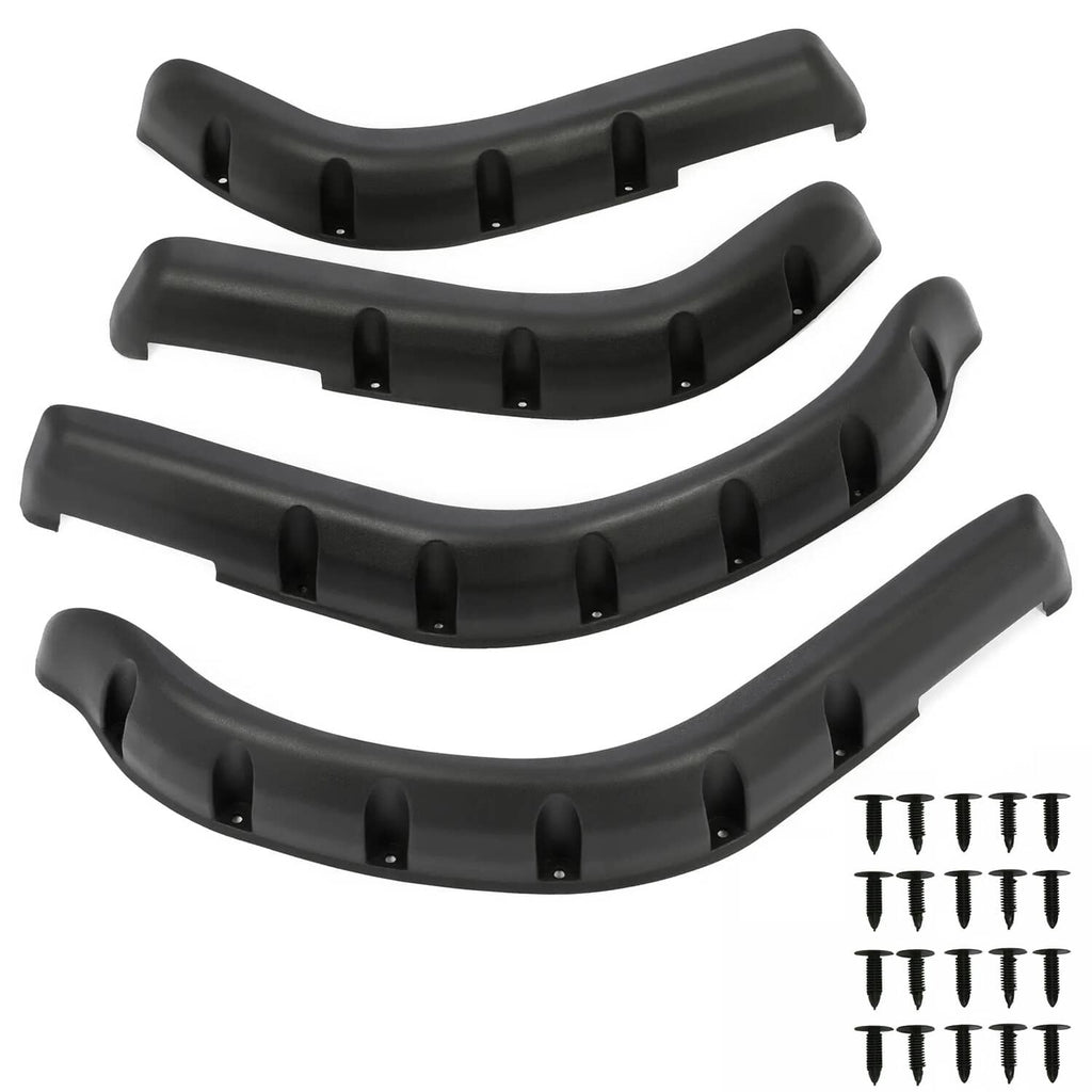Black fender flare guards with mounting tabs and screw kit, set of four