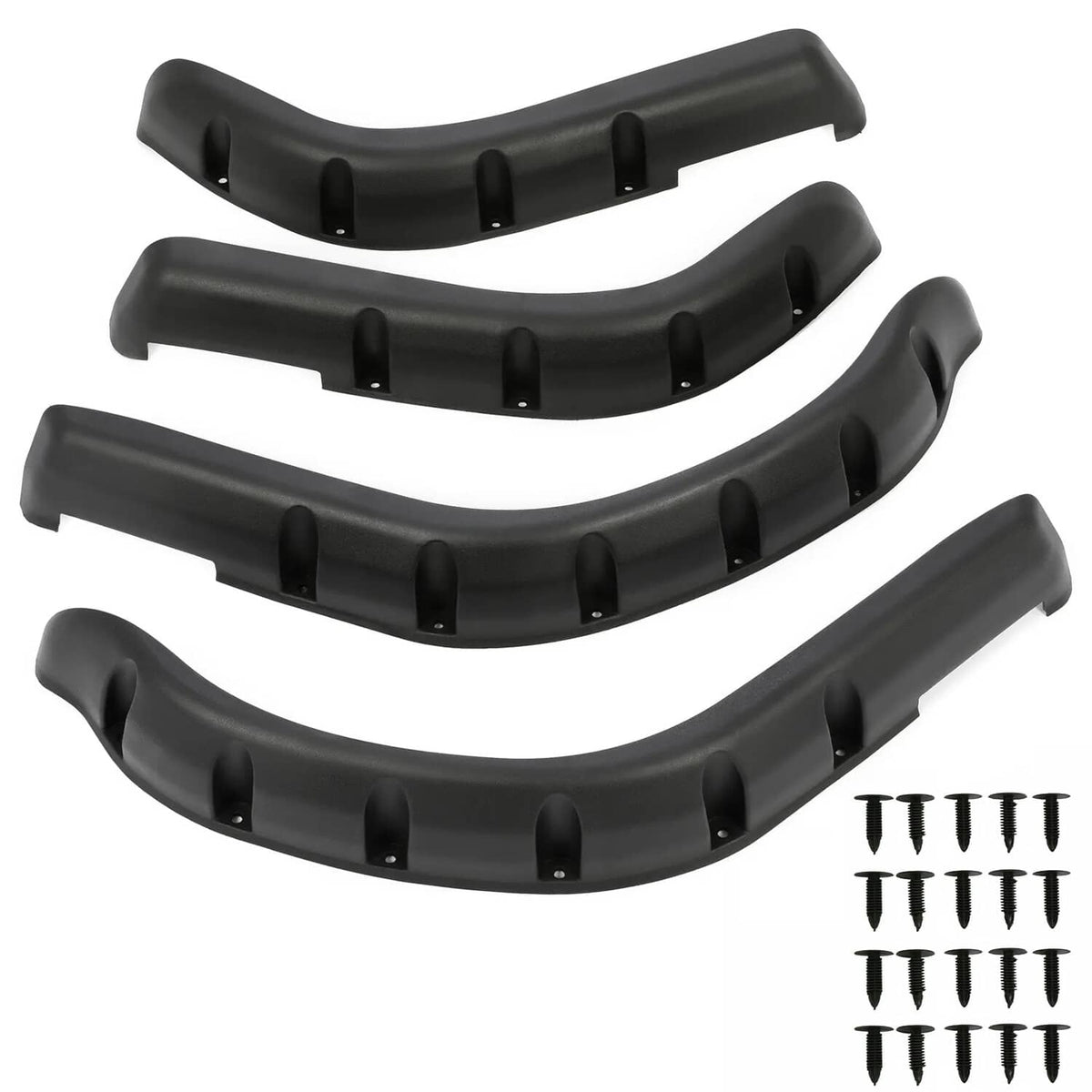 Black fender flare guards with mounting tabs and screw kit, set of four