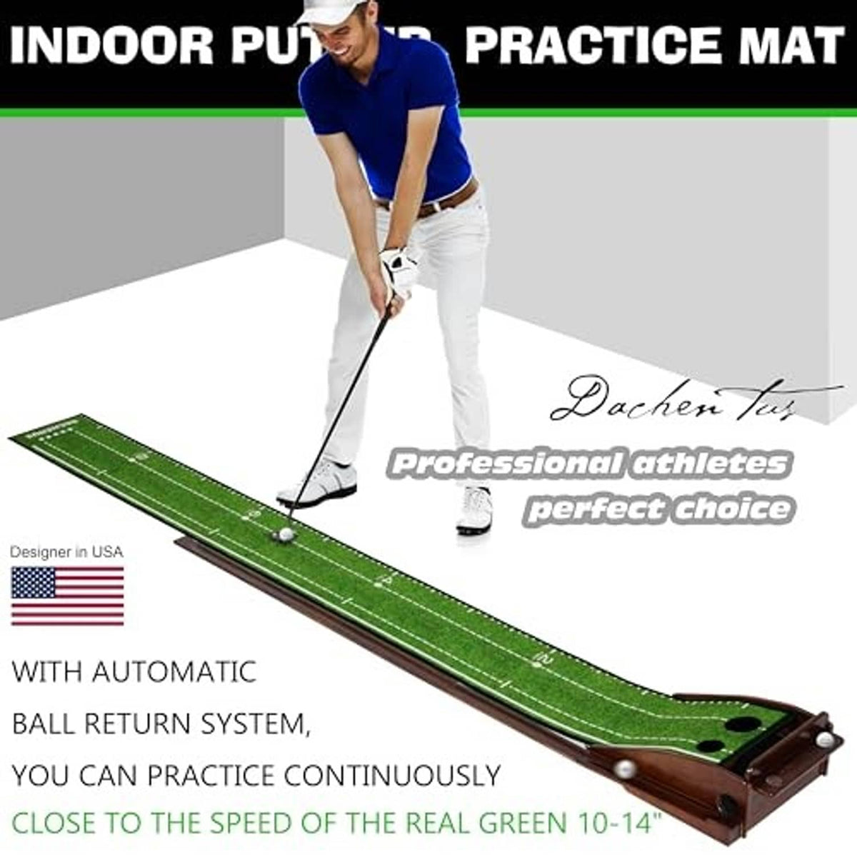 Indoor putting green mat with automatic ball return system and wooden base