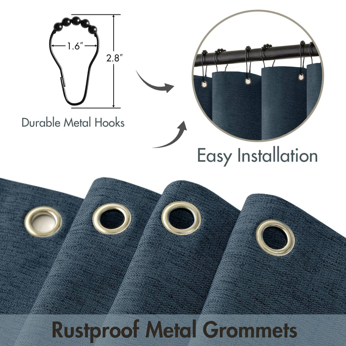 Navy blue shower curtain top with metal hooks and grommet rings, close-up.