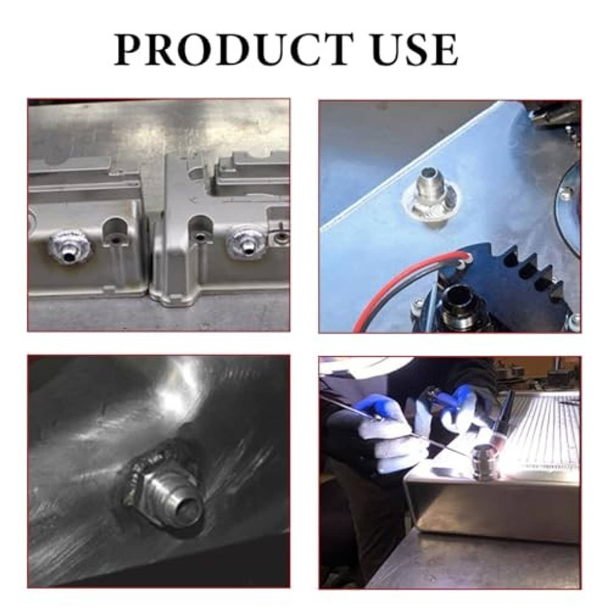 Aluminum AN10 male weld bung fitting shown during welding installation, silver