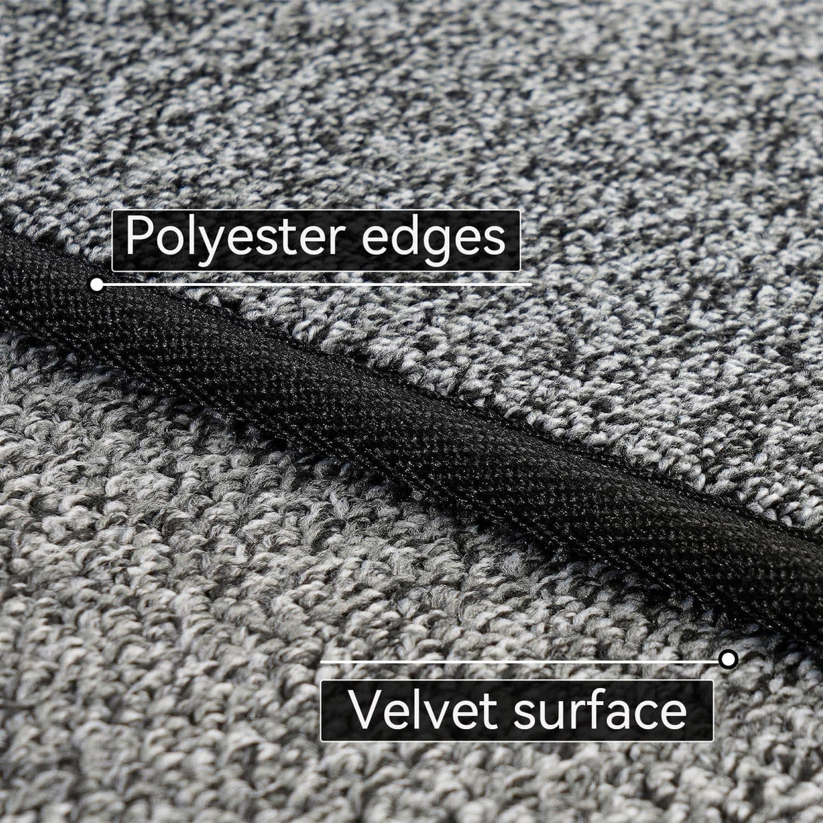 Charcoal gray rug close-up showing stitched edge and short velvet-like pile texture