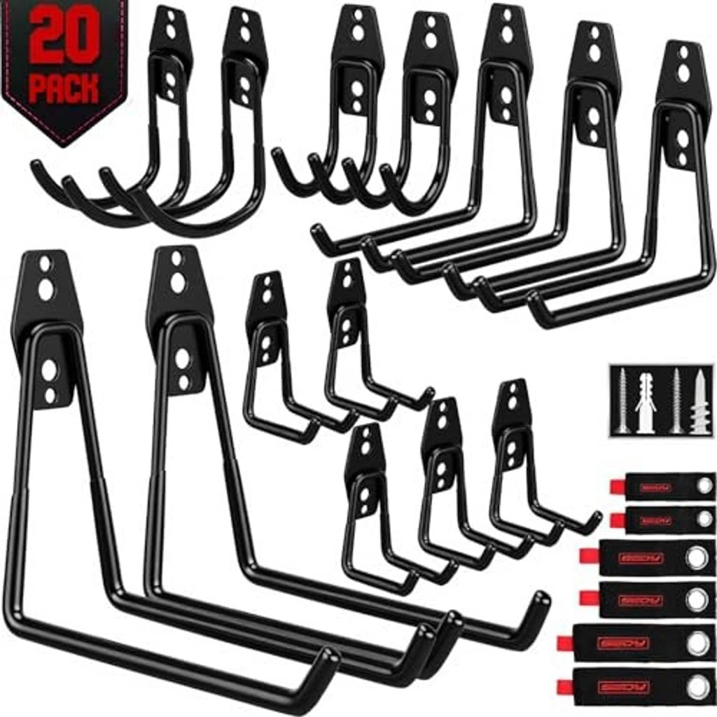Set of black garage storage hooks with screw mounting plates and multiple curved hooks