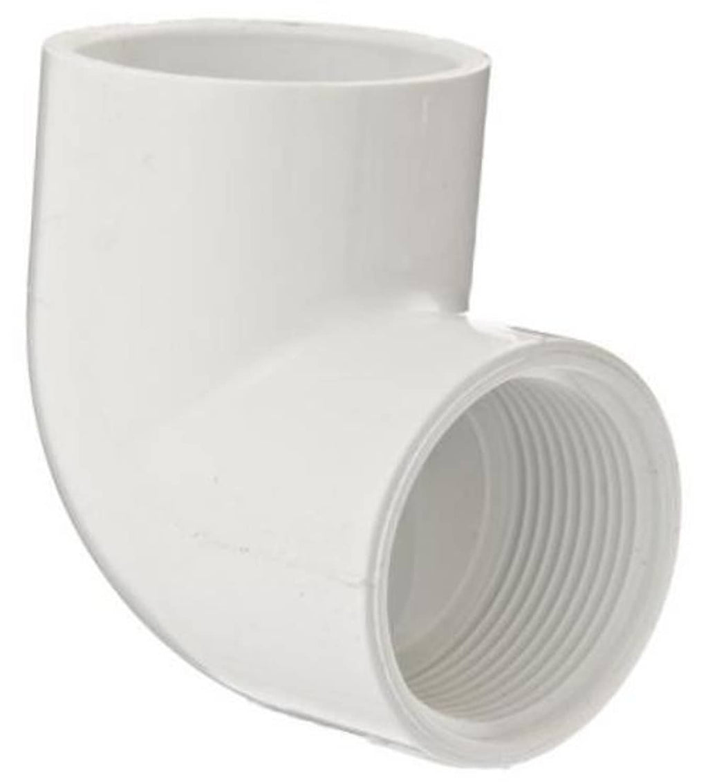 White 90-degree PVC elbow pipe fitting with threaded female socket end