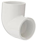 White 90-degree PVC elbow pipe fitting with threaded female socket end