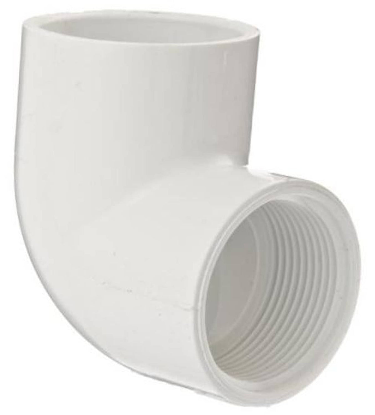 White 90-degree PVC elbow pipe fitting with threaded female socket end