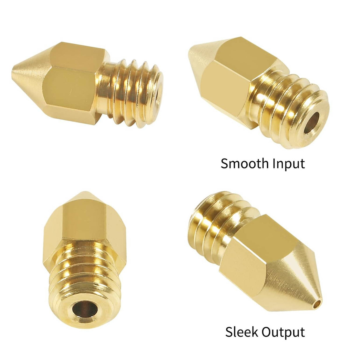 0.2mm brass MK8 extruder nozzle views, smooth input and sleek output tip