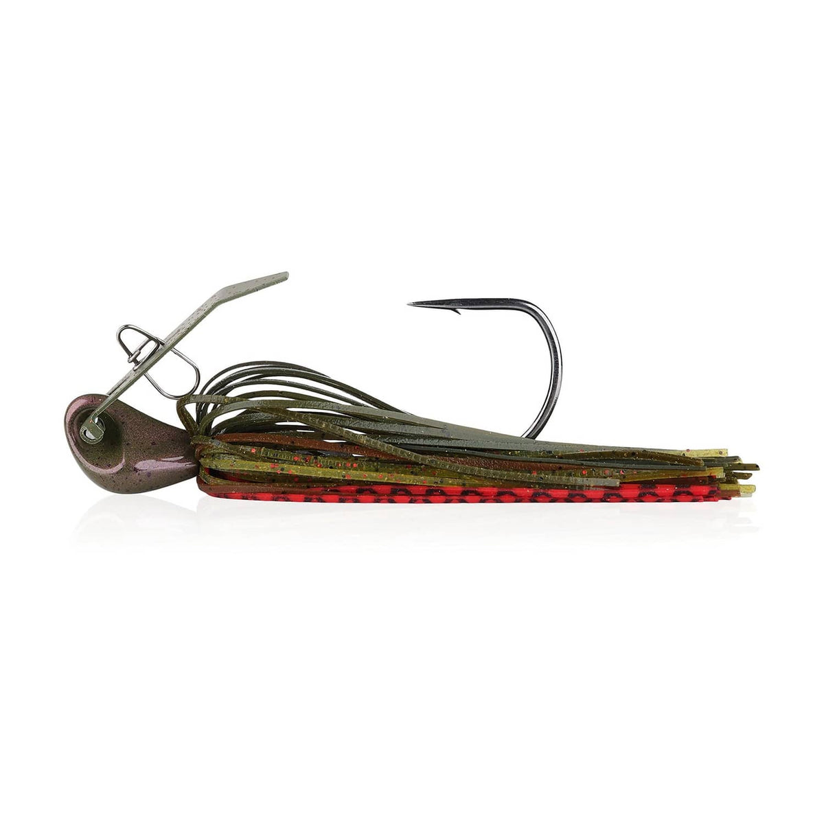 Green bladed jig with dark hook and multicolor skirt, red accents