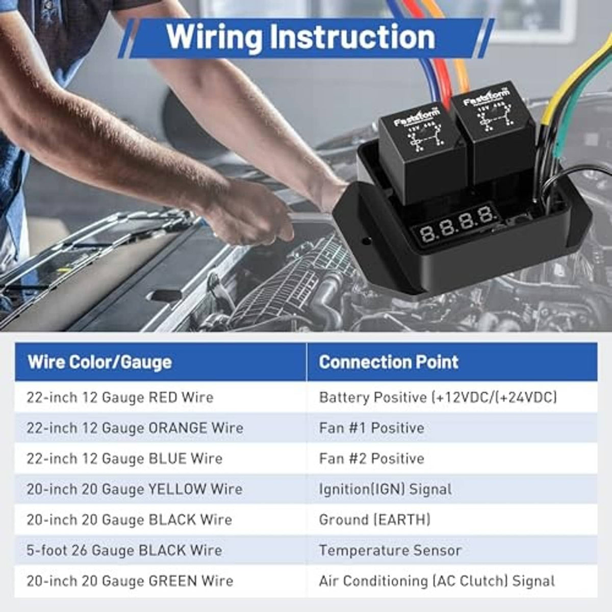 Digital fan switch module with wiring connections and color-coded wire gauge table